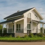 Проект дома «Х-78» из СИП-панелей, 78 м² — двухэтажный дом с белым фасадом, черной крышей и террасой | HotWell.KZ