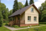 Проект дома «Х-94» из СИП-панелей, 94 м² — двухэтажный дом с бежевым фасадом, коричневой крышей и крытым крыльцом | HotWell.KZ