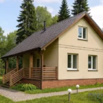 Проект дома «Х-94» из СИП-панелей, 94 м² — двухэтажный дом с бежевым фасадом, коричневой крышей и крытым крыльцом | HotWell.KZ