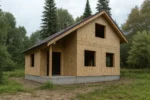Дом «Х-94», 94 м², 1.5 этажа, в черновой отделке: коробка из СИП-панелей OSB-3, двускатная кровля из металлочерепицы, проёмы без окон и дверей, в проёмах видны сосновые балки перекрытия
