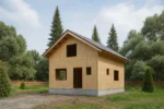 Дом «И-102», 102 м², 1.5 этажа, в черновой отделке: коробка из СИП-панелей OSB-3, двускатная кровля из металлочерепицы, проёмы без окон и дверей, в проёмах видны сосновые балки перекрытия