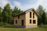 Дом «И-119Б», 119 м², 1.5 этажа, в черновой отделке: коробка из СИП-панелей OSB-3, двускатная кровля из металлочерепицы, проёмы без окон и дверей, в проёмах видны сосновые балки перекрытия