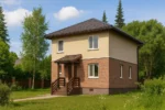 Проект дома «И-124» из СИП-панелей, 124 м² — двухэтажный дом с бежевым фасадом, коричневой крышей и крыльцом | HotWell.KZ