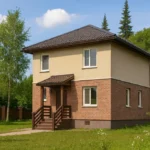Проект дома «И-124» из СИП-панелей, 124 м² — двухэтажный дом с бежевым фасадом, коричневой крышей и крыльцом | HotWell.KZ