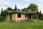 Дом «И-144», 144 м², 1 этаж, в черновой отделке: коробка из СИП-панелей OSB-3, вальмовая кровля из металлочерепицы, проёмы без окон и дверей
