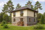 Проект дома «И-159» из СИП-панелей, 159 м² — двухэтажный дом с бежевым фасадом, серым цоколем и коричневой крышей | HotWell.KZ