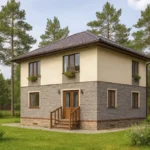 Проект дома «И-159» из СИП-панелей, 159 м² — двухэтажный дом с бежевым фасадом, серым цоколем и коричневой крышей | HotWell.KZ