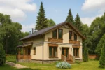 Проект дома «И-162Б» из СИП-панелей, 162 м² — двухэтажный дом с бежевым фасадом, коричневой крышей и террасой | HotWell.KZ