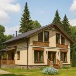 Проект дома «И-162Б» из СИП-панелей, 162 м² — двухэтажный дом с бежевым фасадом, коричневой крышей и террасой | HotWell.KZ