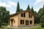 Дом «И-162Б», 162 м², 1.5 этажа, в черновой отделке: коробка из СИП-панелей OSB-3, двускатная кровля из металлочерепицы, проёмы без окон и дверей, в проёмах видны сосновые балки перекрытия