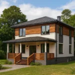 Проект дома «И-168» из СИП-панелей, 168 м² — двухэтажный дом с белым фасадом, серой крышей и террасой | HotWell.KZ