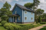 Проект дома «И-170» из СИП-панелей, 170 м² — двухэтажный дом с синим фасадом, черной крышей и крытым крыльцом | HotWell.KZ