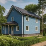 Проект дома «И-170» из СИП-панелей, 170 м² — двухэтажный дом с синим фасадом, черной крышей и крытым крыльцом | HotWell.KZ