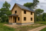 Дом «И-170», 170 м², 2 этажа, в черновой отделке: коробка из СИП-панелей OSB-3, двускатная кровля из металлочерепицы, проёмы без окон и дверей, в проёмах видны сосновые балки перекрытия