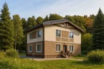 Проект дома «И-174» из СИП-панелей, 174 м² — двухэтажный дом с бежевым фасадом, коричневой крышей и крыльцом | HotWell.KZ