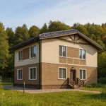 Проект дома «И-174» из СИП-панелей, 174 м² — двухэтажный дом с бежевым фасадом, коричневой крышей и крыльцом | HotWell.KZ