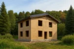 Дом «И-174», 174 м², 2 этажа, в черновой отделке: коробка из СИП-панелей OSB-3, двускатная кровля из металлочерепицы, проёмы без окон и дверей, в проёмах видны сосновые балки перекрытия