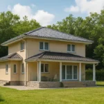 Проект дома «И-177» из СИП-панелей, 177 м² — двухэтажный дом с бежевым фасадом, черной крышей и крытой террасой | HotWell.KZ