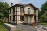 Проект дома «И-184» из СИП-панелей, 184 м² — двухэтажный дом с бежевым фасадом, коричневыми вставками и балконом | HotWell.KZ