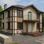 Проект дома «И-184» из СИП-панелей, 184 м² — двухэтажный дом с бежевым фасадом, коричневыми вставками и балконом | HotWell.KZ
