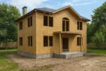 Дом «И-184», 184 м², 2 этажа, в черновой отделке: коробка из СИП-панелей OSB-3, вальмовая кровля из металлочерепицы, проёмы без окон и дверей, в проёмах видны сосновые балки перекрытия
