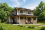 Проект дома «И-185» из СИП-панелей, 185 м² — двухэтажный дом с серым фасадом, черной крышей и крытой террасой | HotWell.KZ