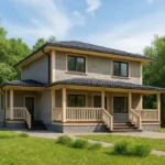 Проект дома «И-185» из СИП-панелей, 185 м² — двухэтажный дом с серым фасадом, черной крышей и крытой террасой | HotWell.KZ