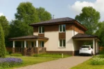 Проект дома «И-187» из СИП-панелей, 187 м² — двухэтажный дом с бежевым фасадом, коричневой крышей и террасой | HotWell.KZ