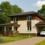 Проект дома «И-187» из СИП-панелей, 187 м² — двухэтажный дом с бежевым фасадом, коричневой крышей и террасой | HotWell.KZ