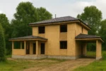 Дом «И-187», 187 м², 2 этажа, в черновой отделке: коробка из СИП-панелей OSB-3, вальмовая кровля из металлочерепицы, проёмы без окон и дверей, в проёмах видны сосновые балки перекрытия