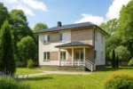 Проект дома «И-189» из СИП-панелей, 189 м² — двухэтажный дом с бежевым фасадом, черной крышей и крытым крыльцом | HotWell.KZ