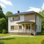 Проект дома «И-189» из СИП-панелей, 189 м² — двухэтажный дом с бежевым фасадом, черной крышей и крытым крыльцом | HotWell.KZ
