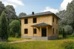 Дом «И-189», 189 м², 2 этажа, в черновой отделке: коробка из СИП-панелей OSB-3, вальмовая кровля из металлочерепицы, проёмы без окон и дверей, в проёмах видны сосновые балки перекрытия
