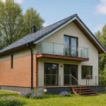 Проект дома «И-189Б» из СИП-панелей, 189 м² — двухэтажный дом с бежевым фасадом, серой крышей и балконом | HotWell.KZ
