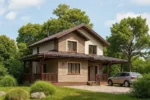 Проект дома «И-192» из СИП-панелей, 192 м² — двухэтажный дом с бежевым фасадом, коричневой крышей и террасой | HotWell.KZ