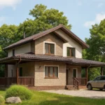 Проект дома «И-192» из СИП-панелей, 192 м² — двухэтажный дом с бежевым фасадом, коричневой крышей и террасой | HotWell.KZ