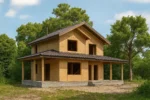 Дом «И-192», 192 м², 1.5 этажа, в черновой отделке: коробка из СИП-панелей OSB-3, двускатная кровля из металлочерепицы, проёмы без окон и дверей, в проёмах видны сосновые балки перекрытия