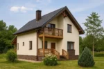 Проект дома «И-195» из СИП-панелей, 195 м² — двухэтажный дом с бежевым фасадом, серой крышей и балконом | HotWell.KZ