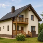 Проект дома «И-195» из СИП-панелей, 195 м² — двухэтажный дом с бежевым фасадом, серой крышей и балконом | HotWell.KZ