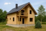 Дом «И-195», 195 м², 1.5 этажа, в черновой отделке: коробка из СИП-панелей OSB-3, двускатная кровля из металлочерепицы, проёмы без окон и дверей, в проёмах видны сосновые балки перекрытия