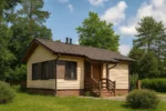 Проект дома «И-54Б» из СИП-панелей, 54 м² — одноэтажный дом с бежевым фасадом, коричневой крышей и крыльцом | HotWell.KZ
