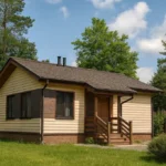 Проект дома «И-54Б» из СИП-панелей, 54 м² — одноэтажный дом с бежевым фасадом, коричневой крышей и крыльцом | HotWell.KZ