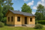 Дом «И-54Б», 54 м², 1 этаж, в черновой отделке: коробка из СИП-панелей OSB-3, двускатная кровля из металлочерепицы, проёмы без окон и дверей