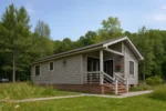 Проект дома «И-77» из СИП-панелей, 77 м² — одноэтажный дом с серым фасадом, серой крышей и крытым крыльцом | HotWell.KZ
