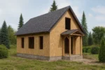 Дом «К-100Б», 100 м², 1,5 этажа, в черновой отделке: коробка из СИП-панелей OSB-3, двускатная кровля из металлочерепицы, проёмы без окон и дверей, в проёмах видны сосновые балки перекрытия