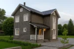Проект дома «К-100В» из СИП-панелей, 100 м² — двухэтажный дом с серым фасадом, синей крышей и крыльцом | HotWell.KZ