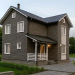 Проект дома «К-100В» из СИП-панелей, 100 м² — двухэтажный дом с серым фасадом, синей крышей и крыльцом | HotWell.KZ