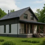 Проект дома «К-105В» из СИП-панелей, 105 м² — двухэтажный дом с серым фасадом, темной крышей и крытой террасой | HotWell.KZ