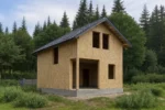 Дом «К-108Б», 108 м², 1.5 этажа, в черновой отделке: коробка из СИП-панелей OSB-3, двускатная кровля из металлочерепицы, проёмы без окон и дверей, в проёмах видны сосновые балки перекрытия
