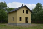 Дом «К-109В», 109 м², 1.5 этажа, в черновой отделке: коробка из СИП-панелей OSB-3, двускатная кровля из металлочерепицы, проёмы без окон и дверей, в проёмах видны сосновые балки перекрытия